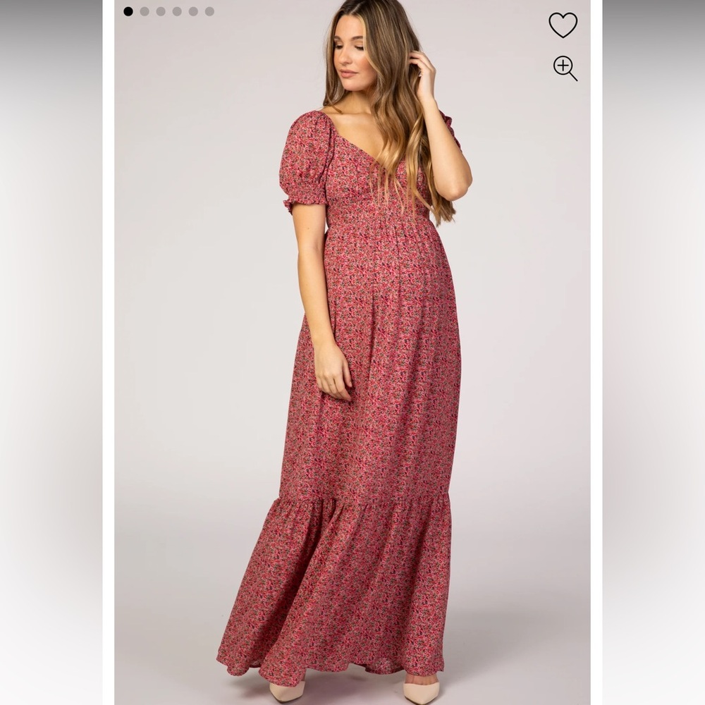 Pink Floral Puff Sleeve Maternity Maxi Dress